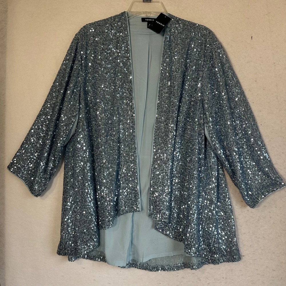 Torrid Sequin Kimono Summer Song Light Blue Open Front Cardigan Sz 0 L 12